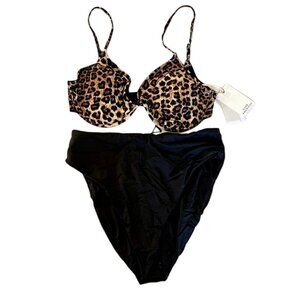 NWT Good American Leopard Bikini Top with Black Bottom - Size 4(XL)